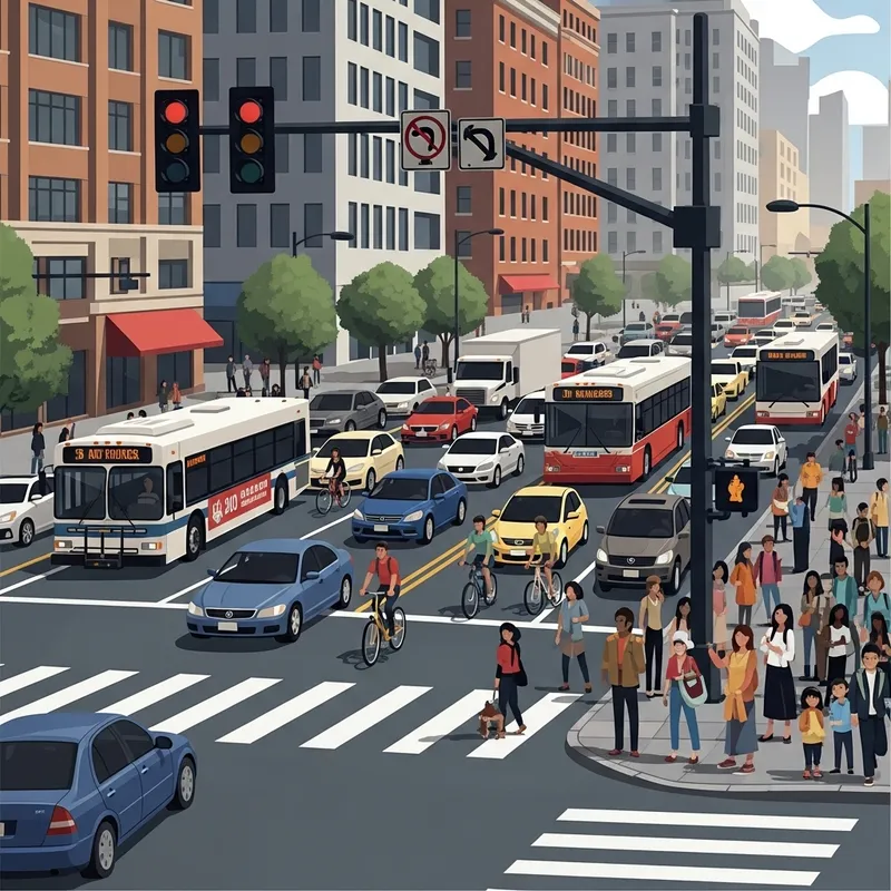 Busy Urban Intersection: Cars, Buses, and Pedestrians