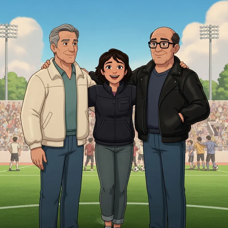 Joyful Pixar-Style Movie Poster Featuring Young Woman and Older Men