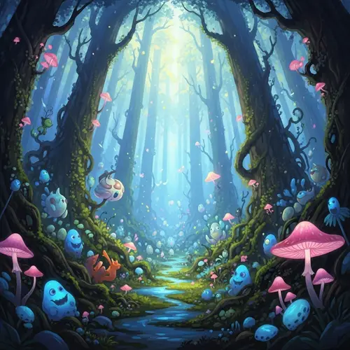 Enchanted Forest with Glowing Mushrooms and Playful Creatures