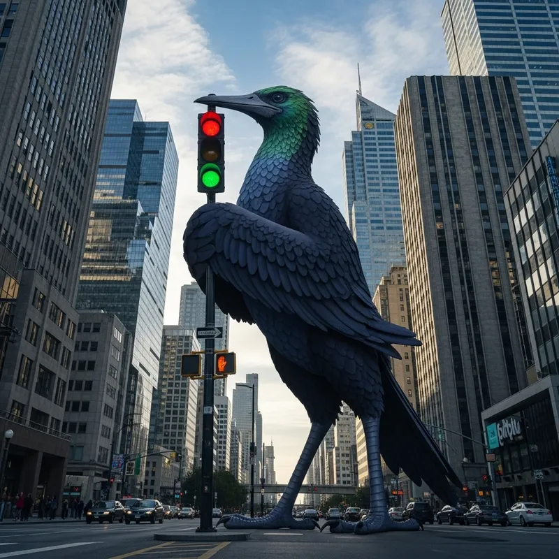 Farfetch'd Bird in Cityscape with Vertical Traffic Signal