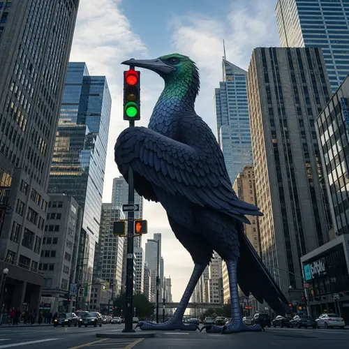 Tall Anthropomorphic Bird in Urban Cityscape with Traffic Signal