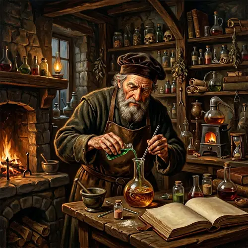 Ancient Alchemist in Dimly Lit Laboratory