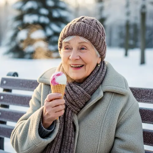 Joyful Grandmother Enjoying Ice Cream in Frosty Weather