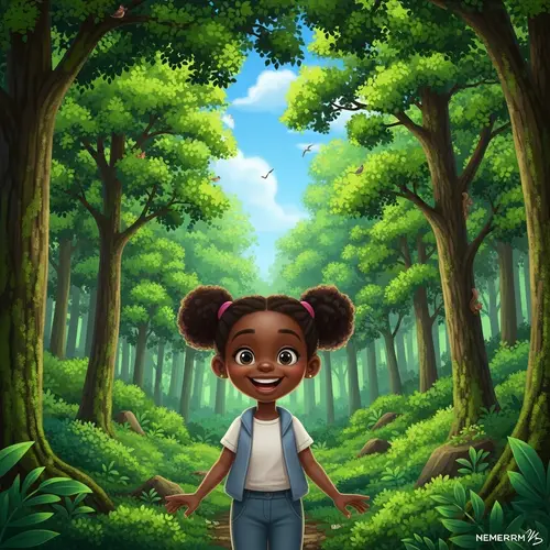 Black Girl with Pigtails in a Lush Forest