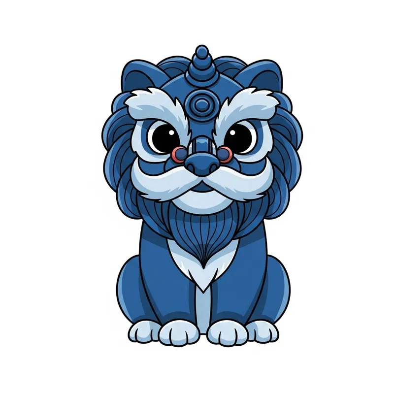Cute Blue Chinese Lion in Doodle Art Style | Vector Illustration