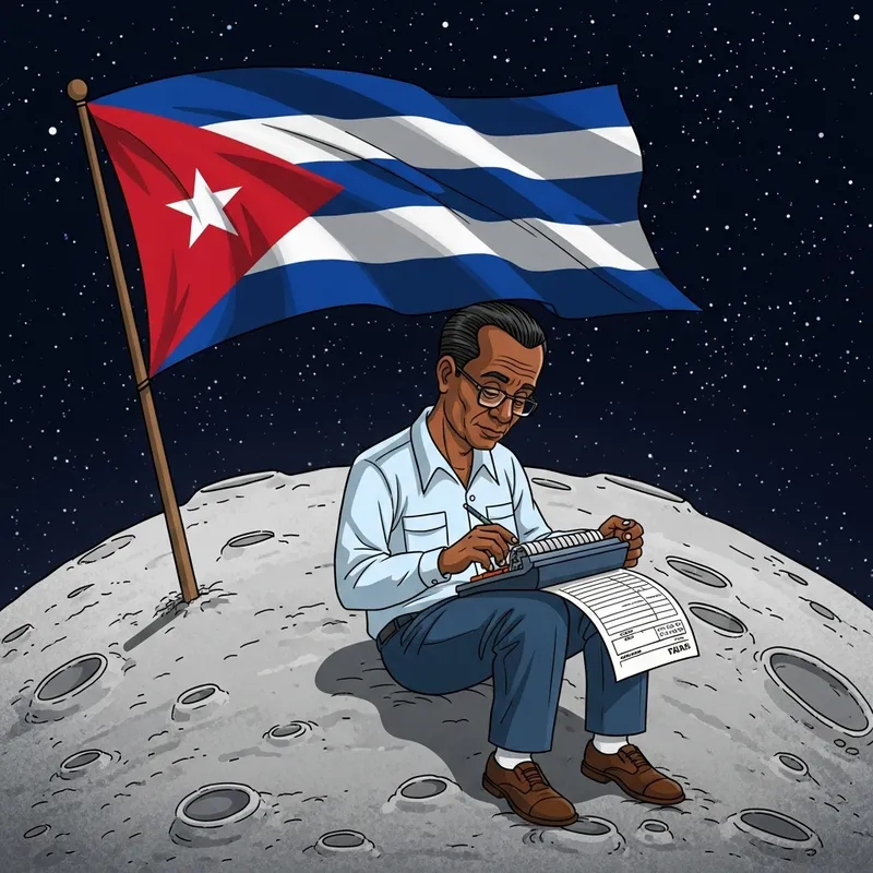 Cuban Man Doing Taxes on the Moon | Cuban Flag Lunar Scene