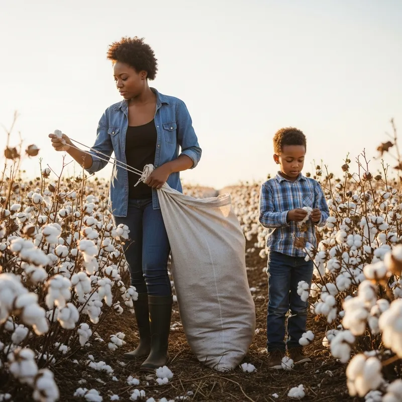 Diligent Young Black Mother and Son Picking Cotton in the Sun