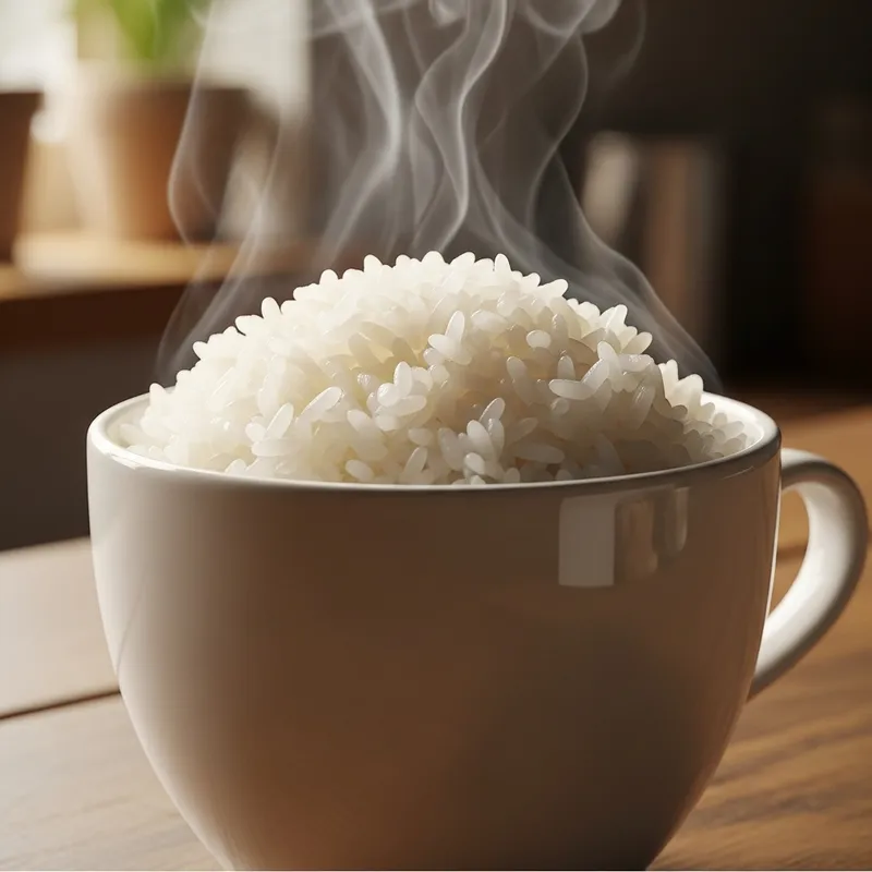 Steaming White Rice in Ceramic Cup