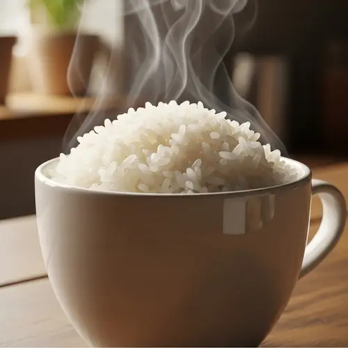 Fluffy Steaming White Rice in Ceramic Cup
