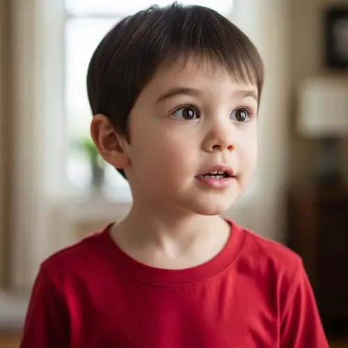 Adorable Curious 4-Year-Old Boy in Red T-shirt