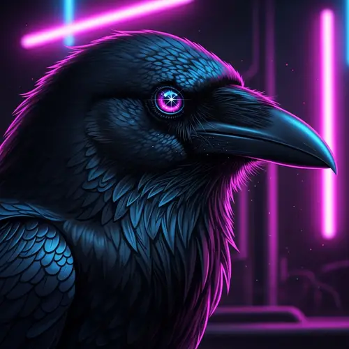 Enigmatic Raven in Neon Lighting: Digital Art in Black