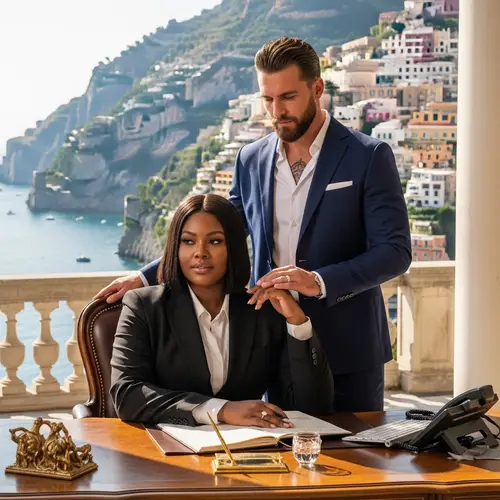 Luxurious Plus-Size African American Woman and White Husband in Lavish Amalfi Coast Villa
