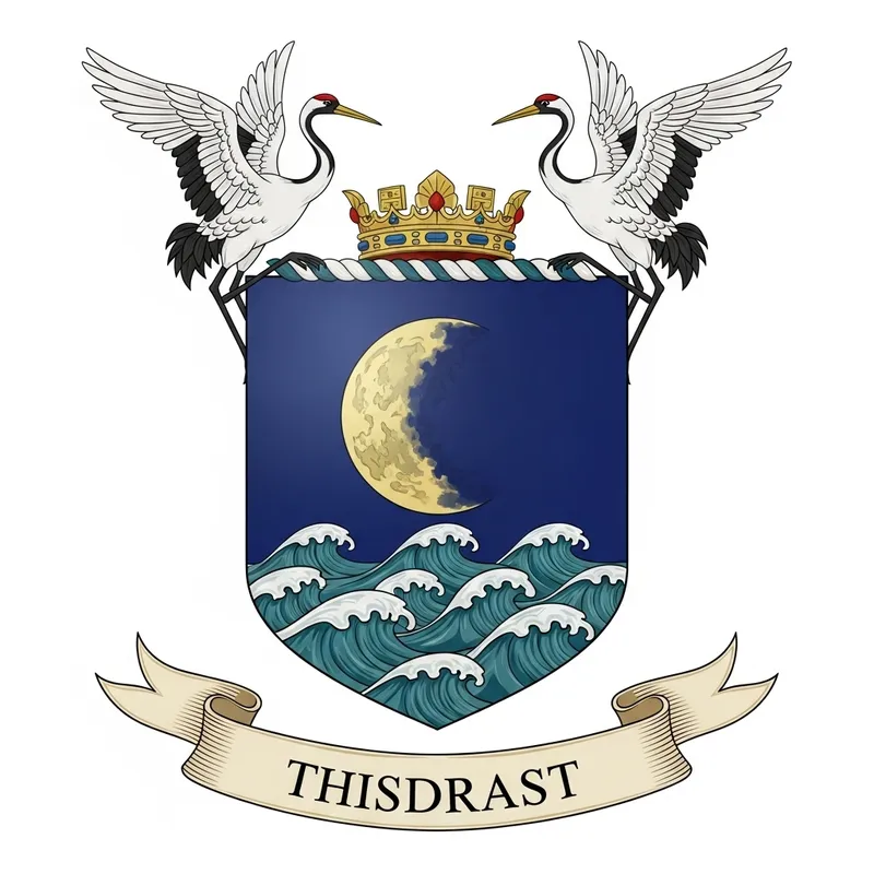 Majestic Coat of Arms Featuring Crane Birds and Serene Moonlit Sea