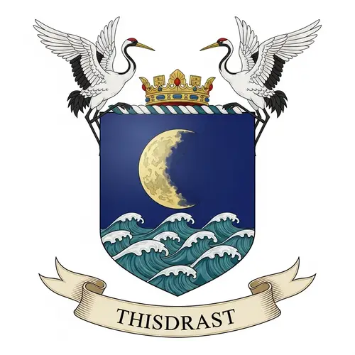 Tranquil Coat of Arms with Crane Birds and Moonlit Sea