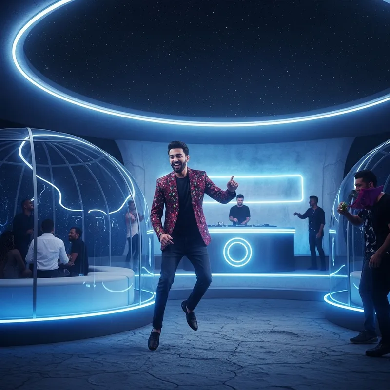 Man Partying on Moon in Futuristic Galactic Club