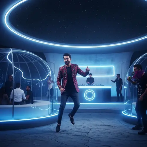 Moon Party: South Asian Man Celebrating in Futuristic Zero Gravity Club