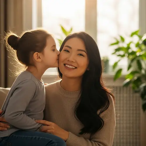 Tender Moment: Girl Kissing Asian Mom - Home Family Bonding