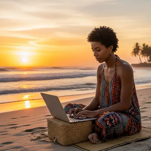 Young African Woman Creating Content on Laptop at Sunset Beach
