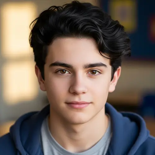 16-Year-Old Caucasian Student with Wavy Black Hair