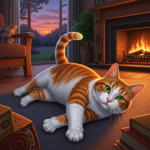 Glossy Orange and White Cat Stretching in Cozy Living Room