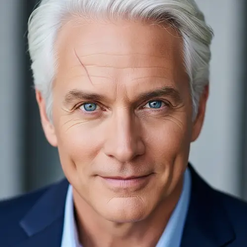 White-Haired Man with Blue Eyes - Dimples and Scar
