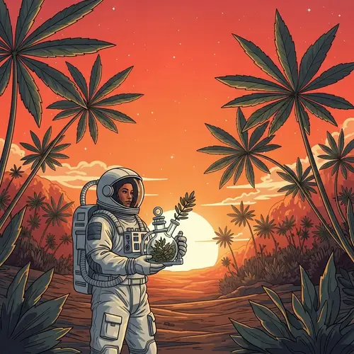 Diverse Astronaut on Foreign Planet with Herb Consuming Device