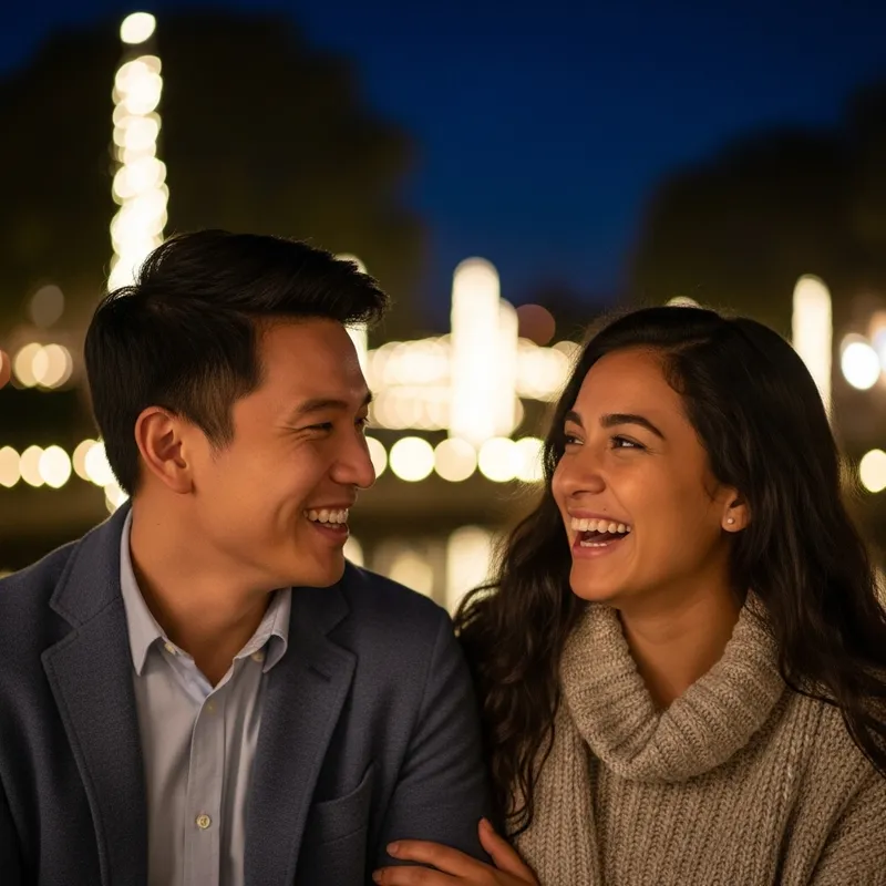 Enchanting Night Ambiance with Playful Couple Sharing Moments