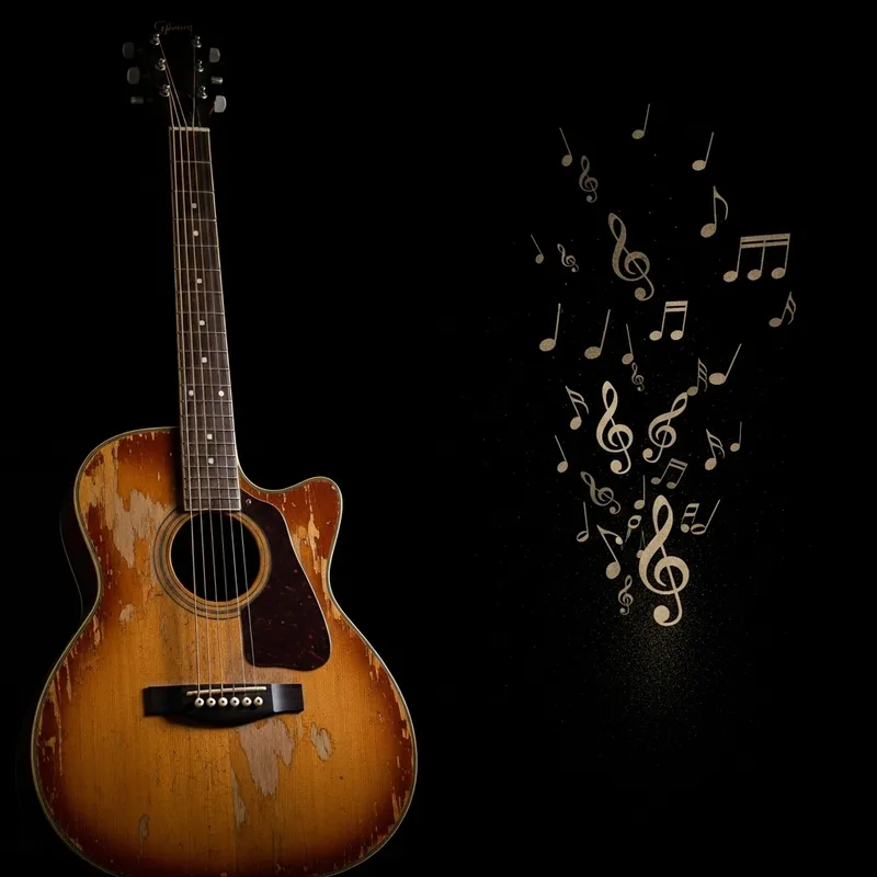 Aged Guitar and Dusty Musical Notes on Black Background