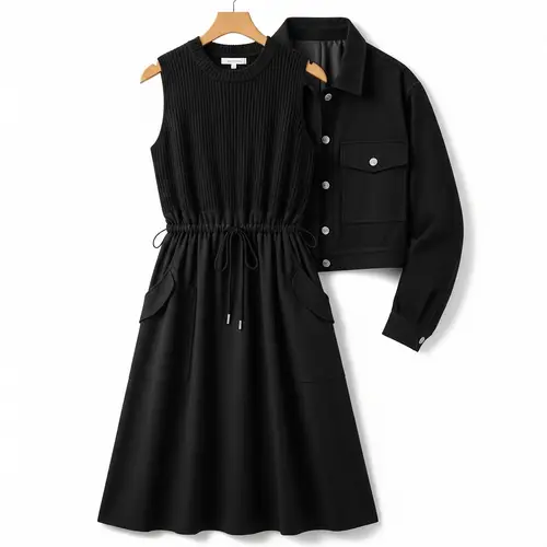 Stylish Two-Piece Dress and Jacket Set in Black | Adjustable Waist & Patch Pockets