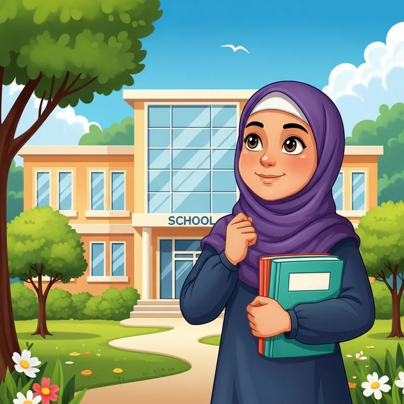 Veiled Girl in Front of School