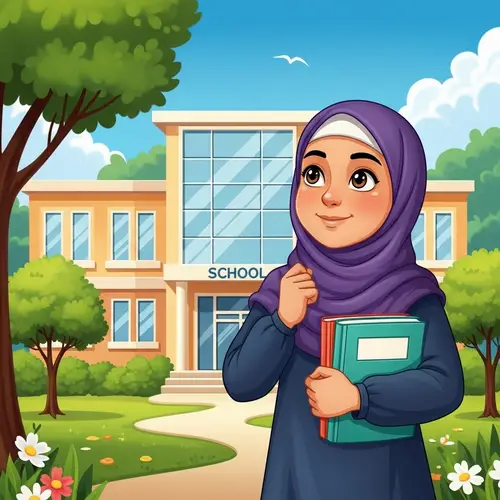 Young Middle Eastern Girl with Colorful Textbooks at Modern School