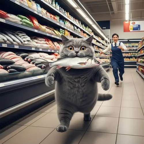 Chubby British Cat Steals Fresh Fish in Grocery Store