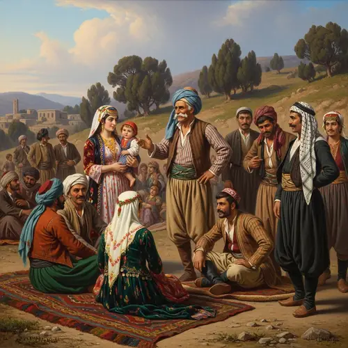 Kurdish People in Diverse Ethnic Clothes - Cultural Oil Painting