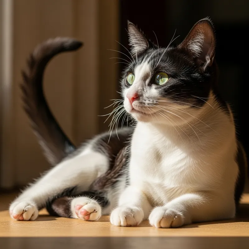 Tranquil Black and White Cat Lounging in Sunlight - A Scene of Serenity Tranquil Black and White Cat Lounging in Sunlight - A Scene of Serenity