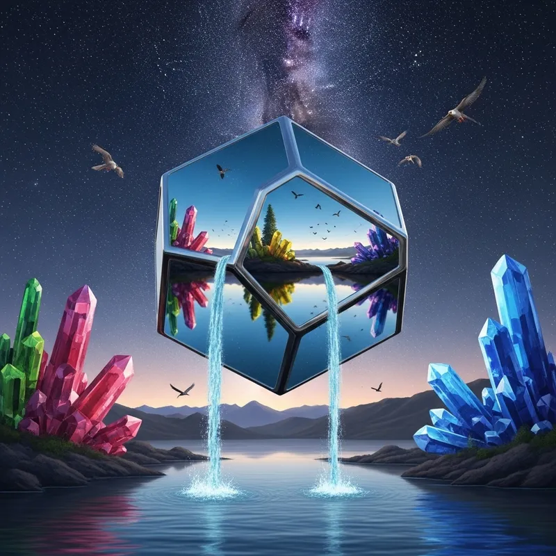 Levitating Metallic Geometric Figure in Scenic Landscape Levitating Metallic Geometric Figure in Scenic Landscape