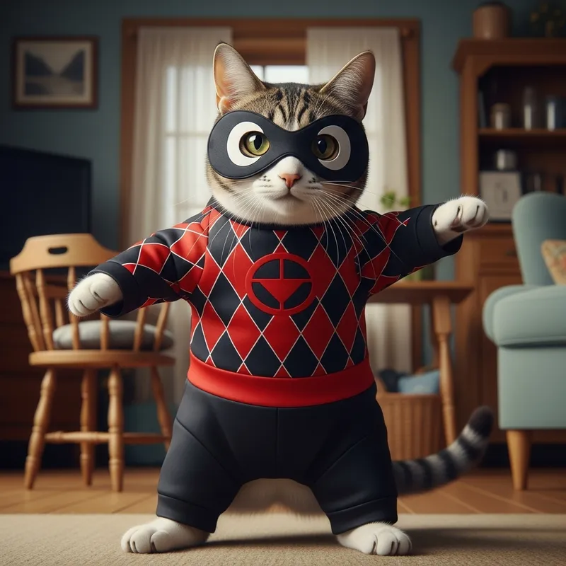 Playful Cat Dressed as Deadpool Superhero