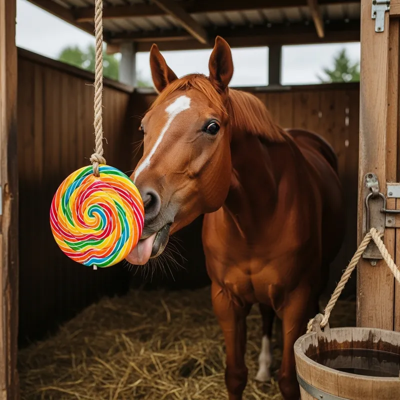 Sweet Toothed Horse Enjoying Candy in Stall