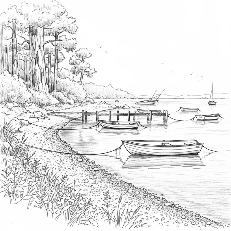 Tranquil Fishing Shore: Serene Scene in Pencil Sketch