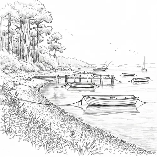 Serene Fishing Shore: Tranquil Water & Bobbing Boats