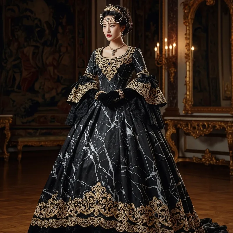 Asian Model Fashion Design in Elegant Baroque Style Black Corset Dress