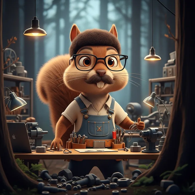 3D Toon Brown Squirrel Character in Forest Workshop Scene
