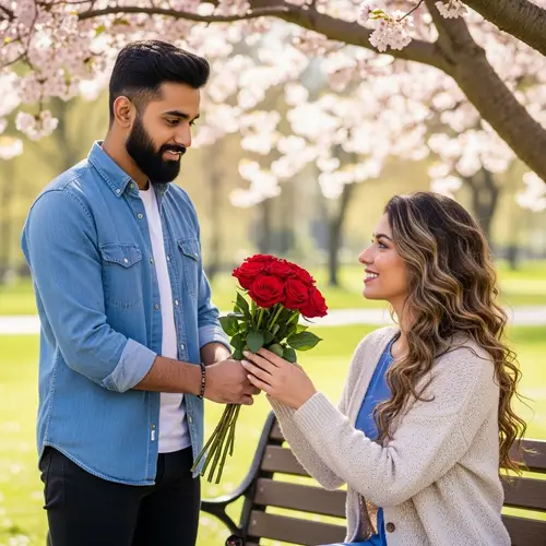 Romantic Gesture: Asian Man Woos Hispanic Woman with Red Roses
