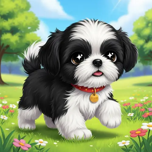 Charming Black and White Shih Tzu Puppy | Playful Animation Style