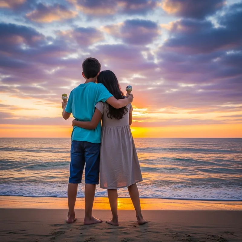 Kids Hug at Beach Sunset: Ice Cream Moment Kids Hug at Beach Sunset: Ice Cream Moment