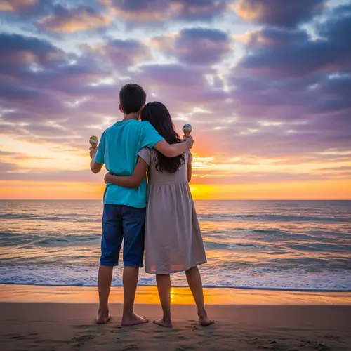 Sunset Beach Love: Kids with Ice Cream Embrace, Ocean Sunset View