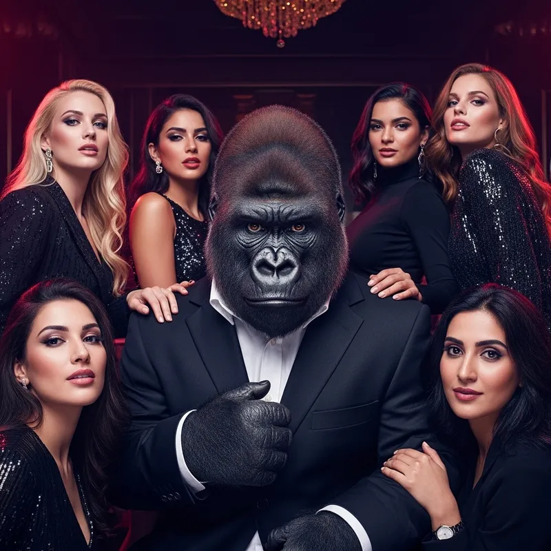 Elegant Gorilla in Bespoke Suit Amid Diverse Glamorous Women in Opulent Club
