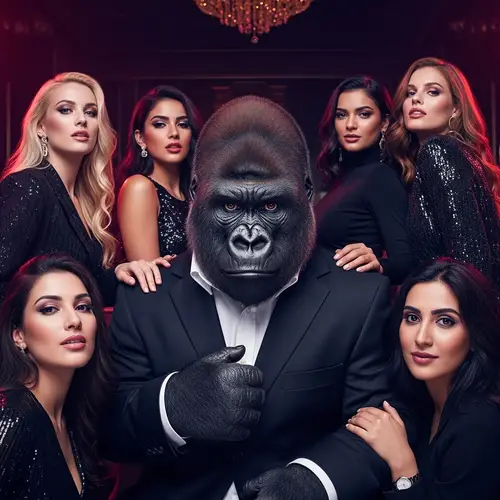 Elegant Gorilla in Tailored Suit Surrounded by Diverse Glamorous Women in Luxurious Club
