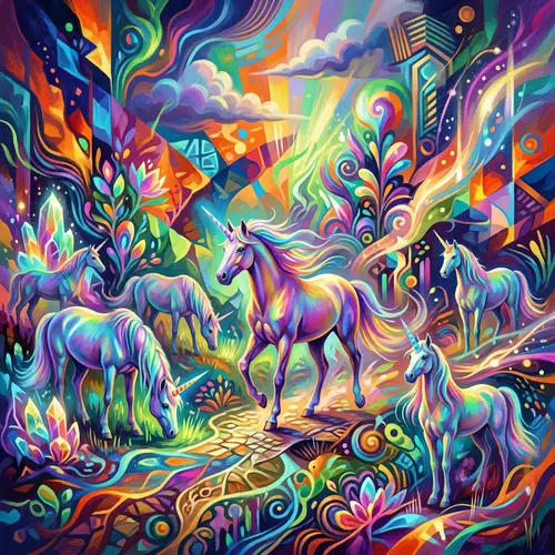 Colorful Unicorn Fantasy Art in Abstract Landscape