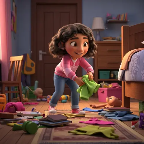 Young Hispanic Girl Tidying Up Messy Room in Pixar-Style Animation
