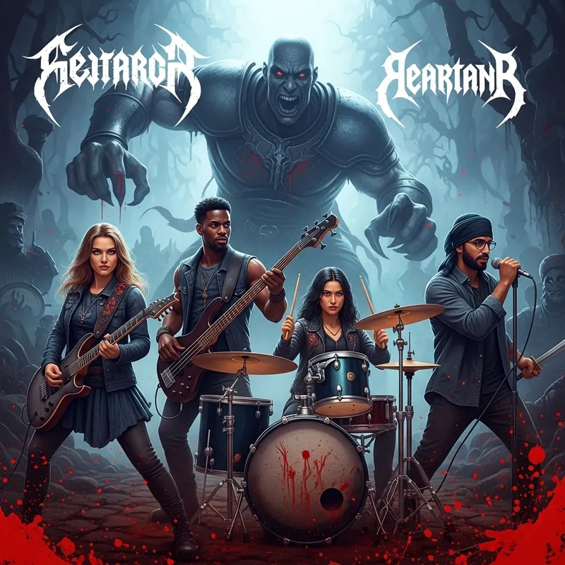 Gothic Realism: Metal Musicians Battle Monstrous Villain in Epic Dark Art Cover